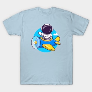 Cute Astronaut Flight With Plane Cartoon T-Shirt